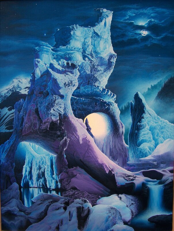 Moonlit ice cave landscape