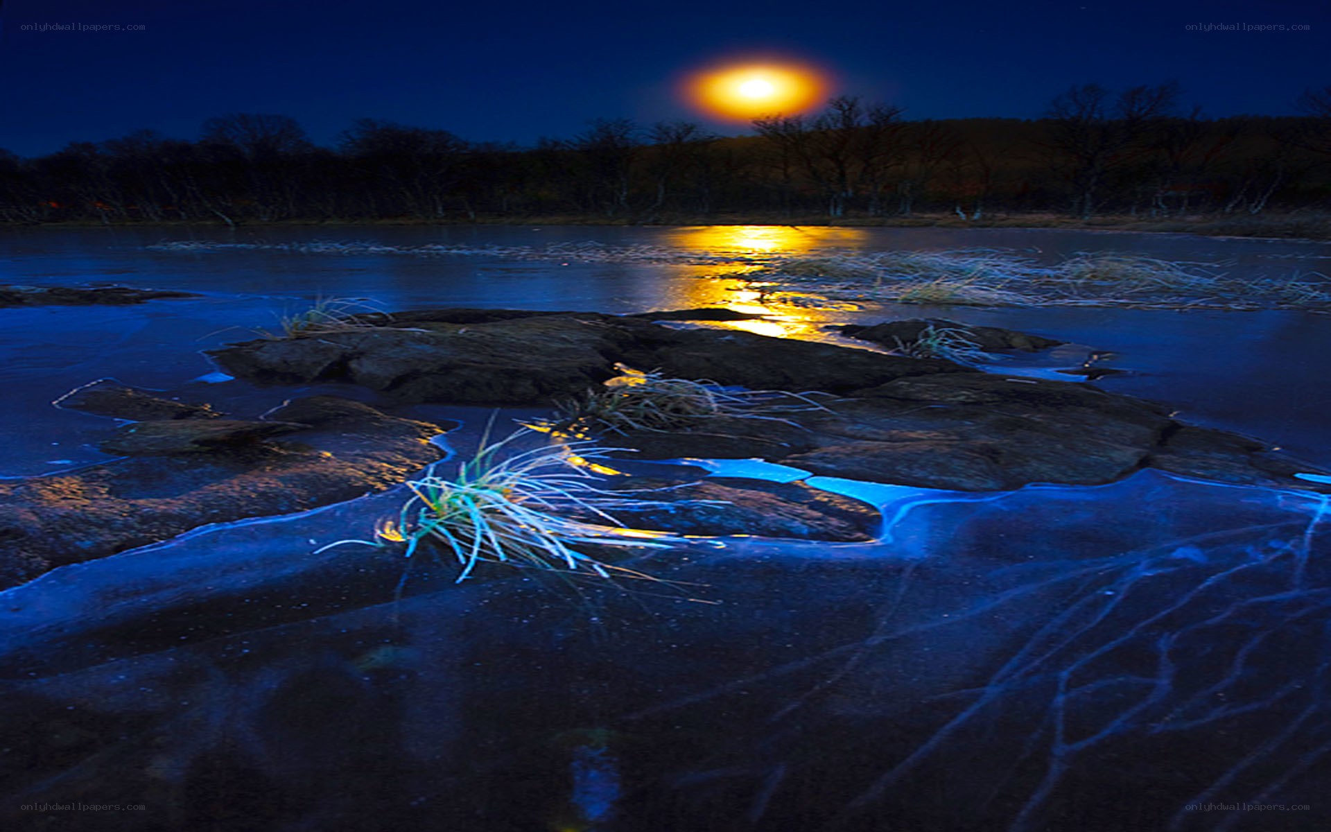 Moonlit ice river at night