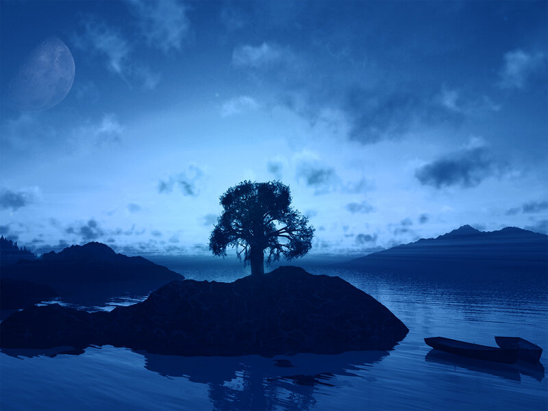 Moonlit island with lone tree