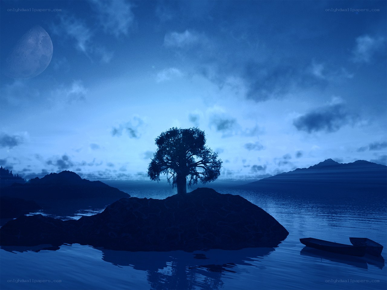 Moonlit island with lone tree