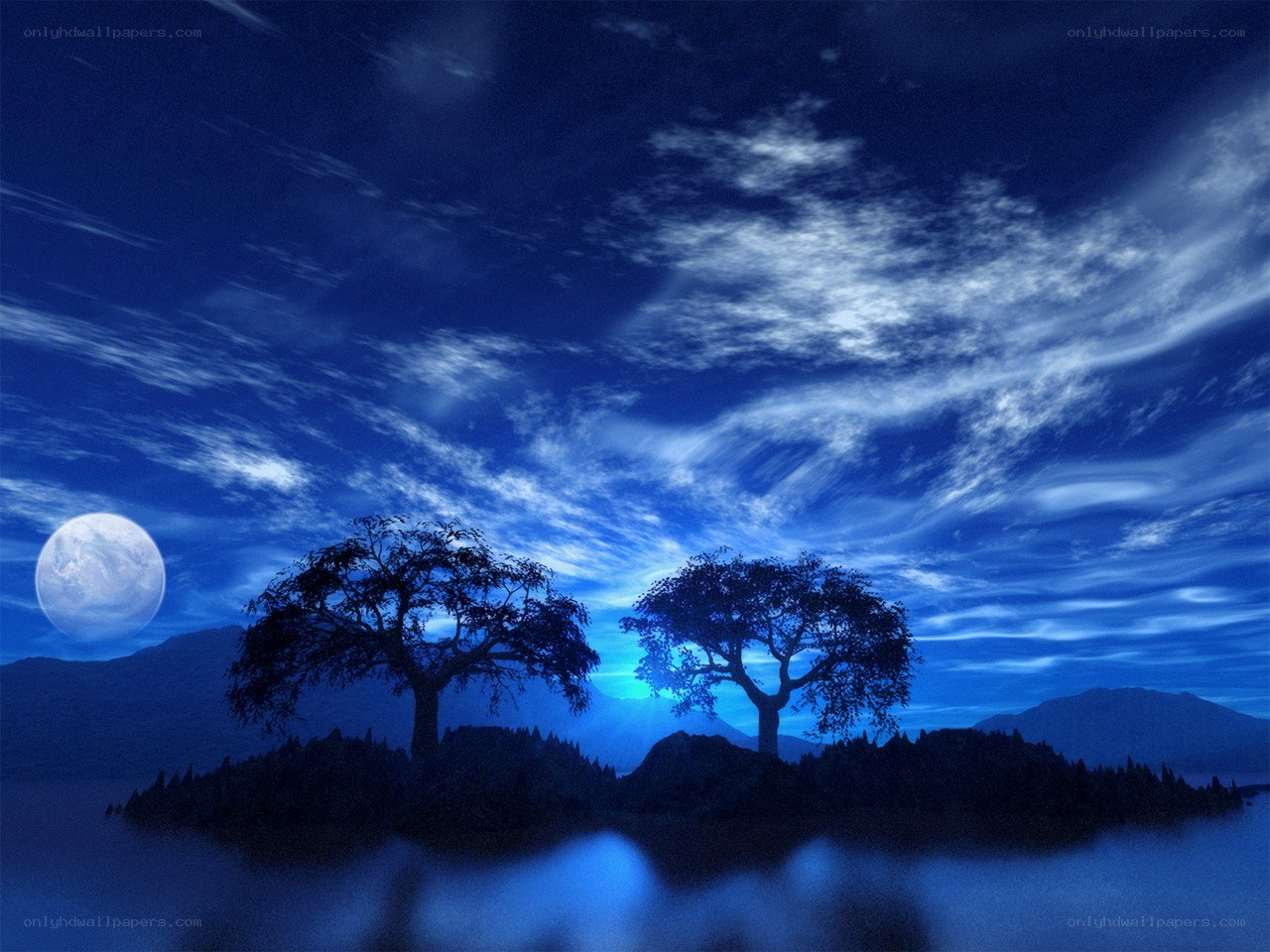 Moonlit island with trees