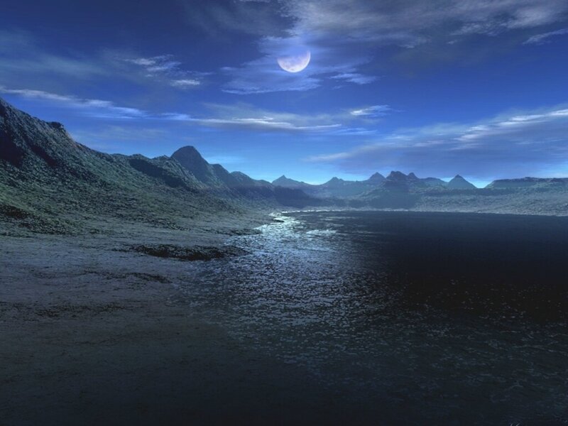 Moonlit Lake and Mountains — Blue, Serene, Night, Digital Art, Moon, Black