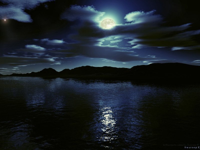 Moonlit Lake and Mountains — Blue, Serene, Night, Digital Art, Moon, Clouds, Water