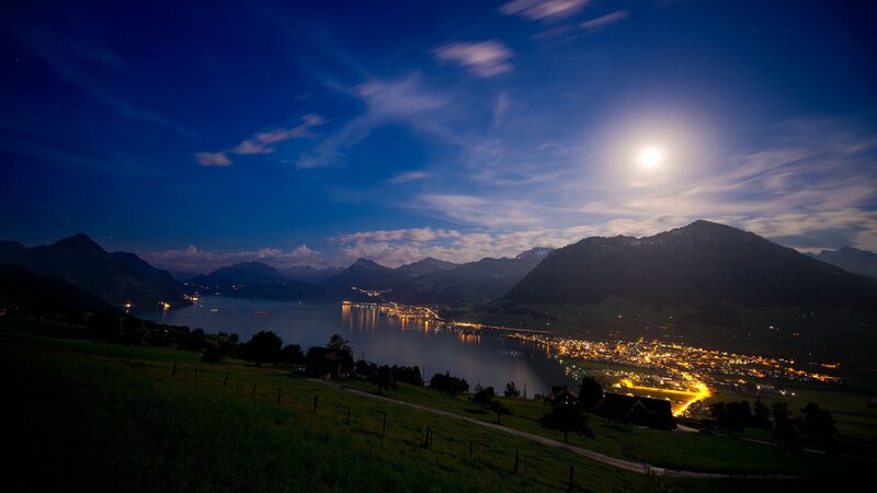 Moonlit Lake and Mountains — Blue, Serene, Night, Photograph, Town