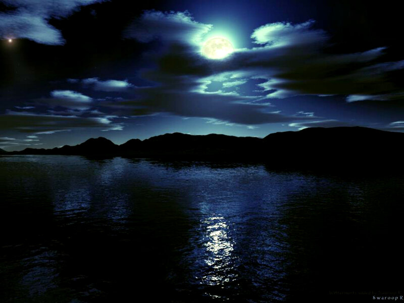 Moonlit Lake and Mountains — Blue, Serene, Night