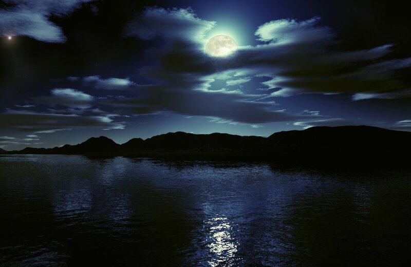 Moonlit Lake and Mountains — Blue, Serene