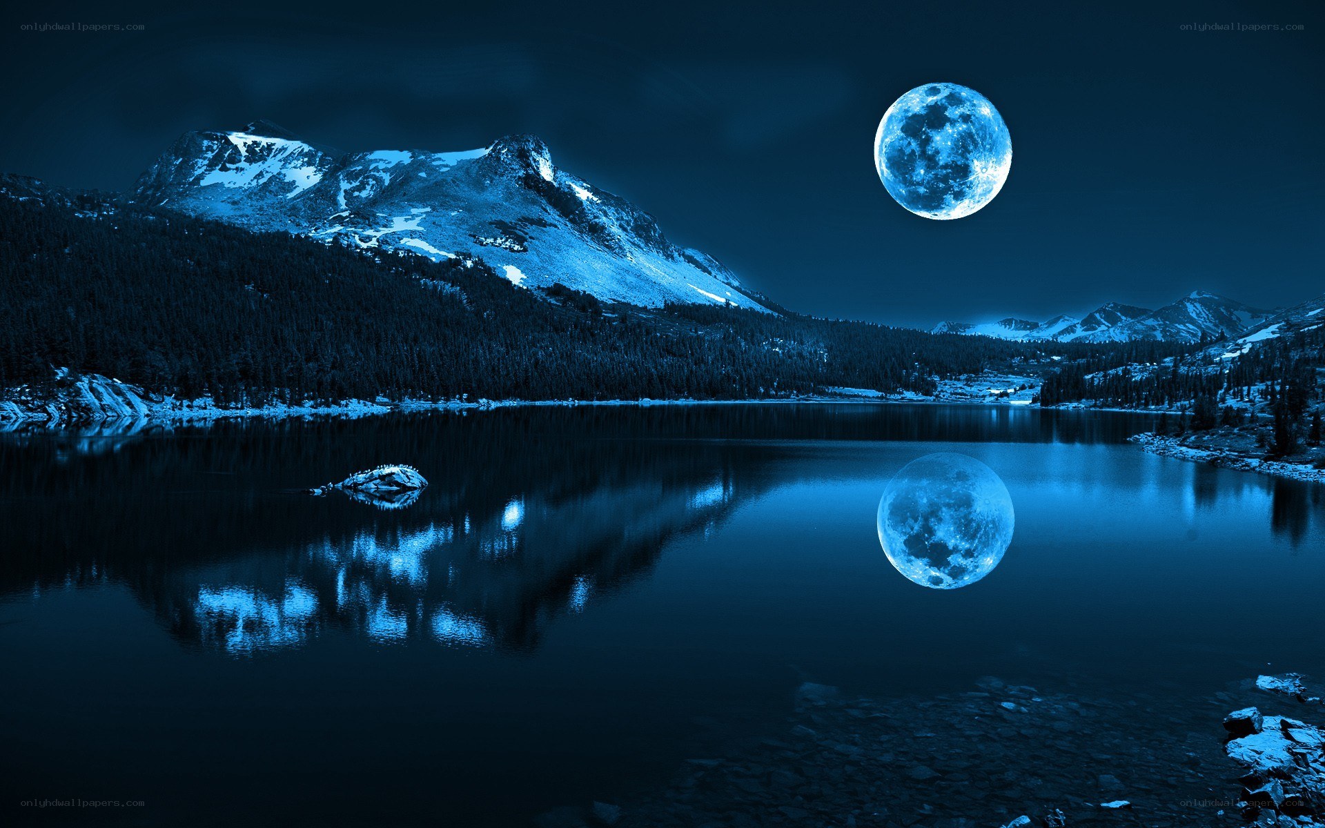 Moonlit lake and mountains