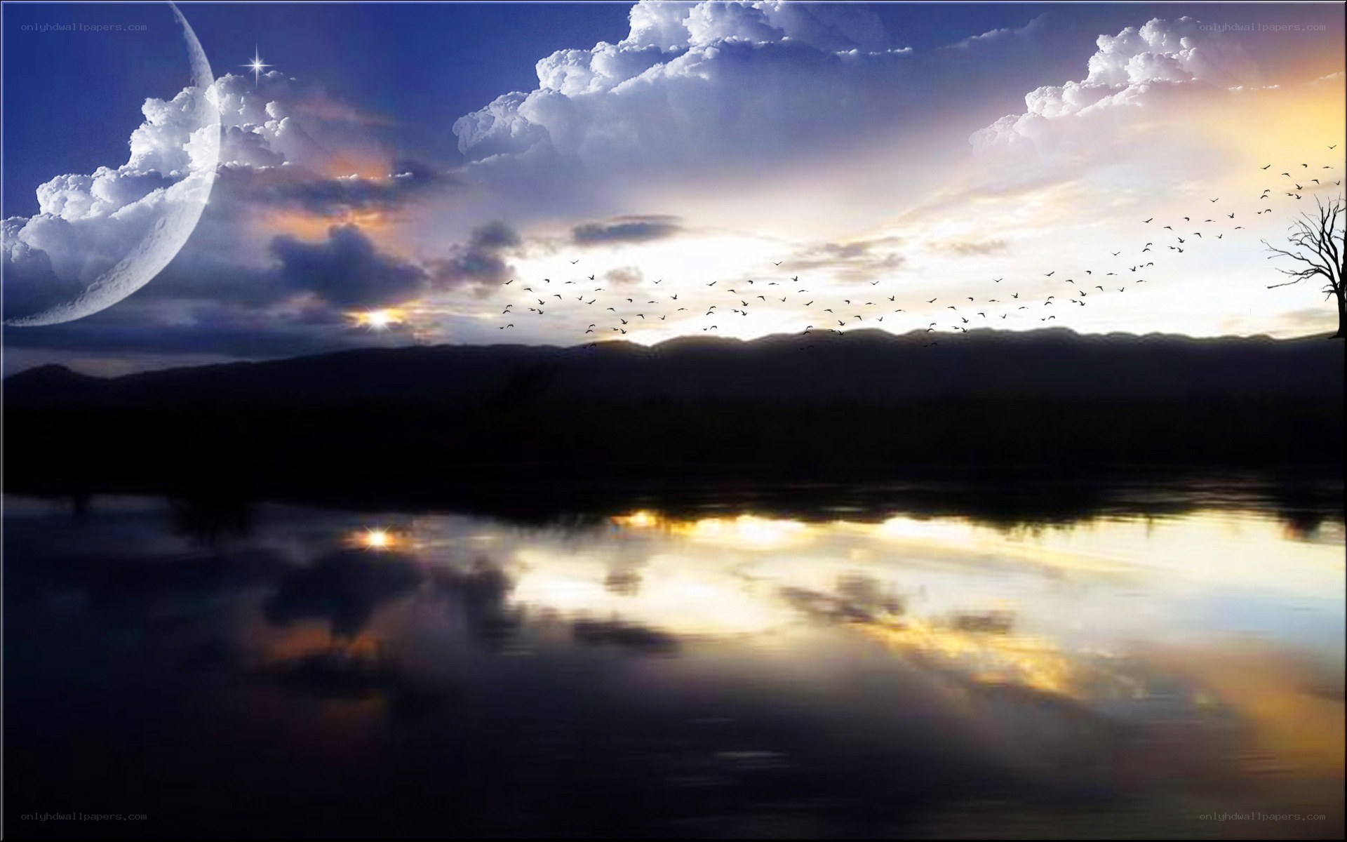 Moonlit lake at dusk