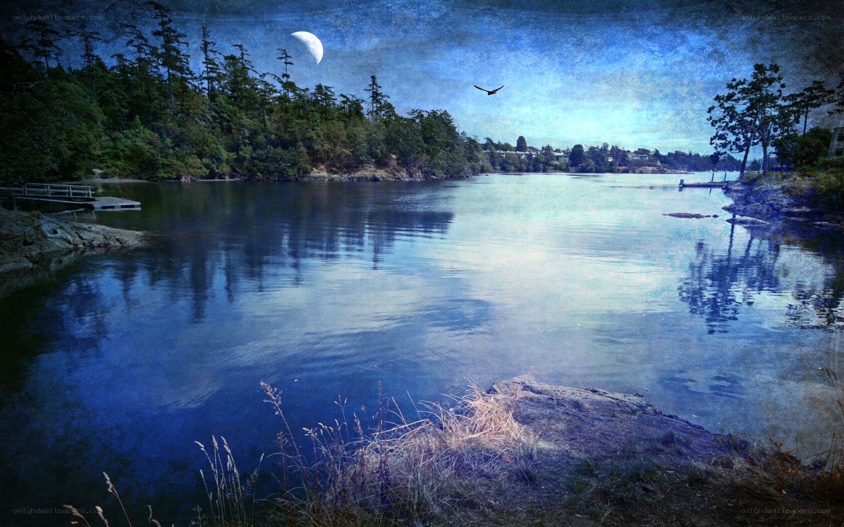Moonlit lake at dusk
