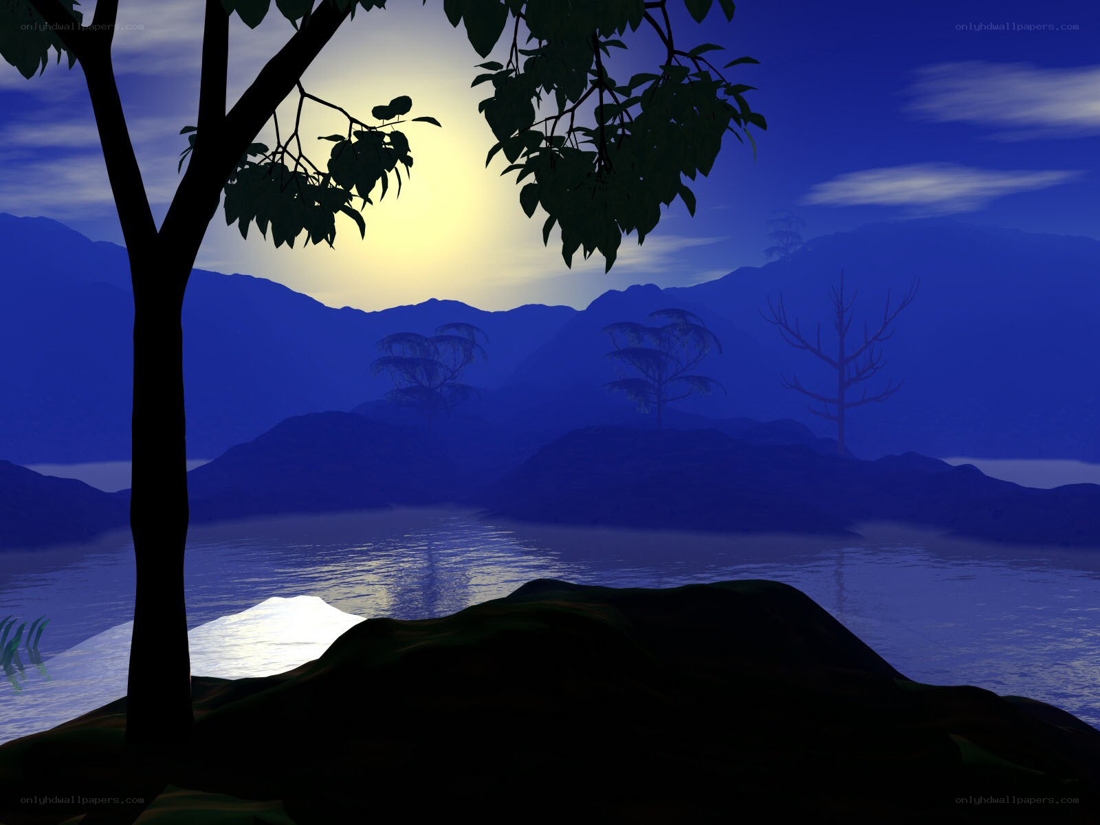 Moonlit lake at dusk