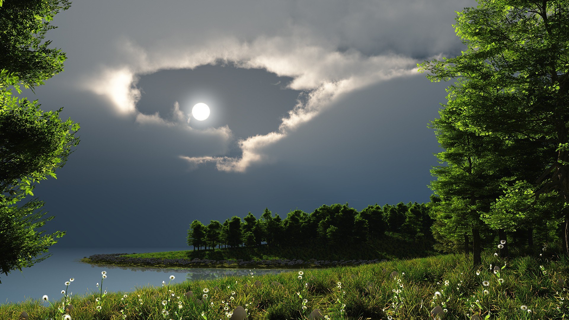 Moonlit lake at dusk