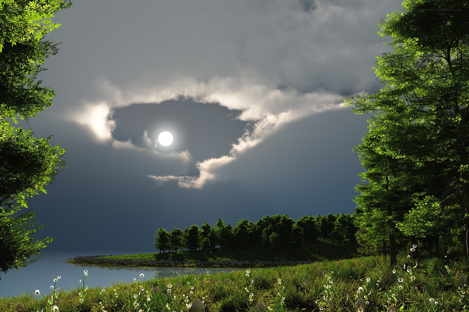 Moonlit lake at dusk