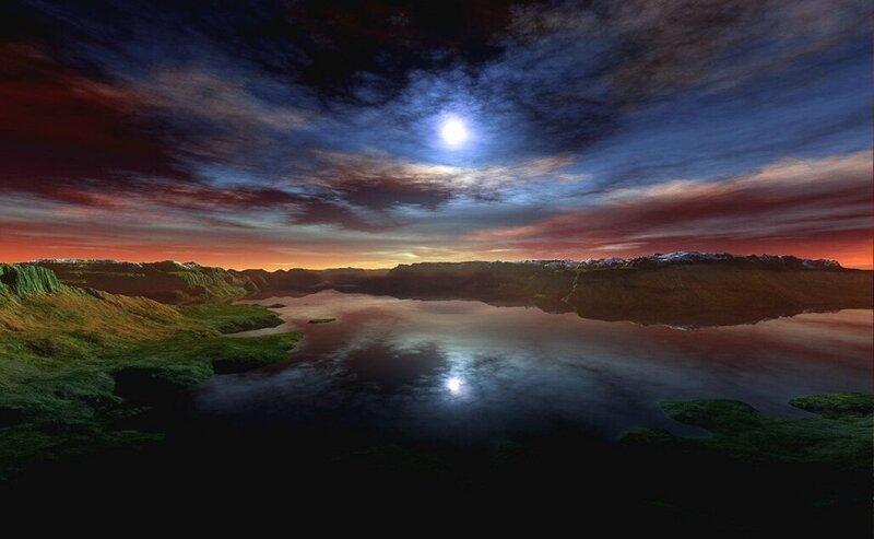 Moonlit lake at dusk