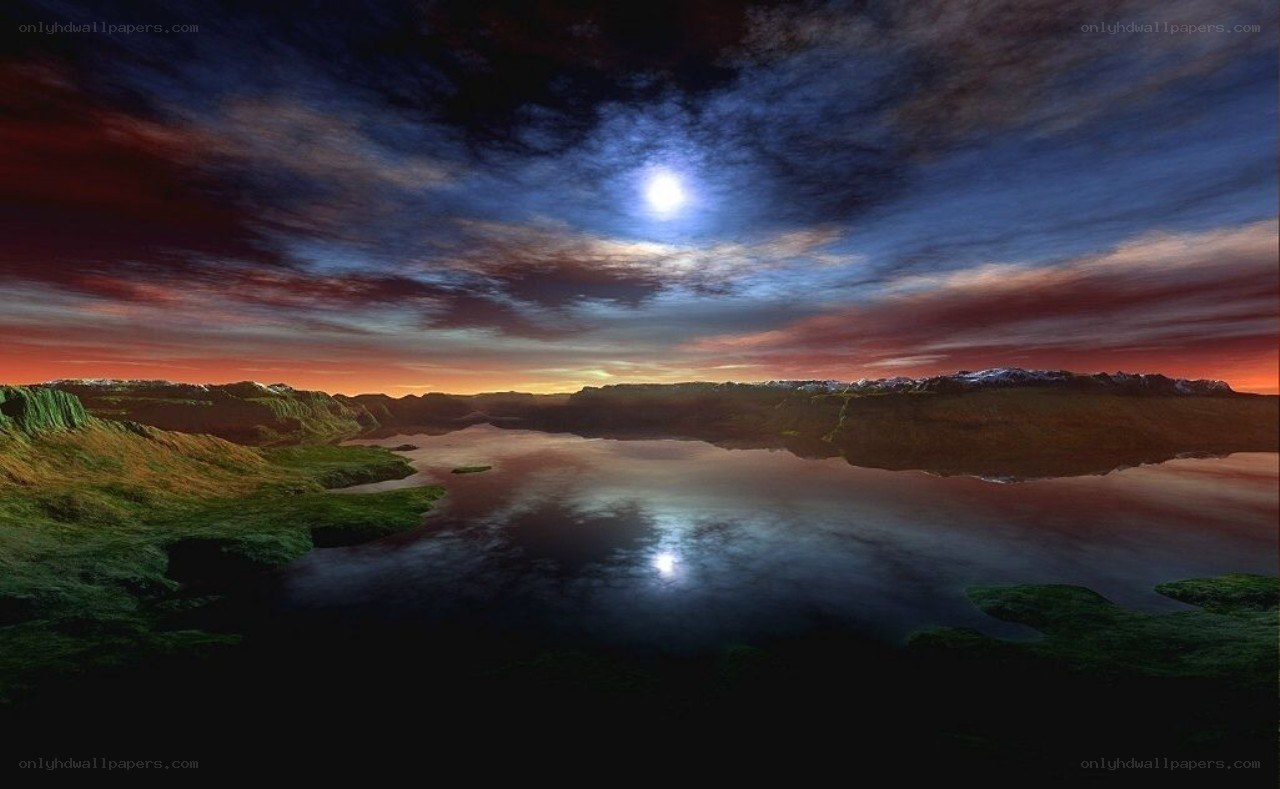 Moonlit lake at dusk