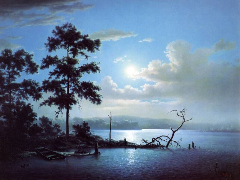 Moonlit Lake at Dusk — Blue
