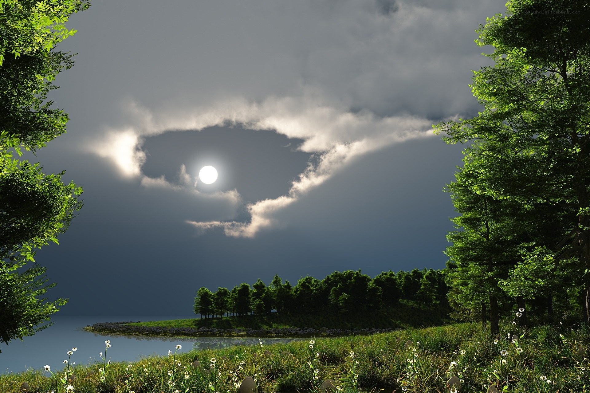 Moonlit lake at dusk