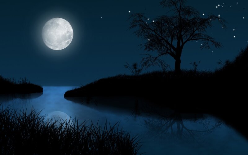 Moonlit lake at night