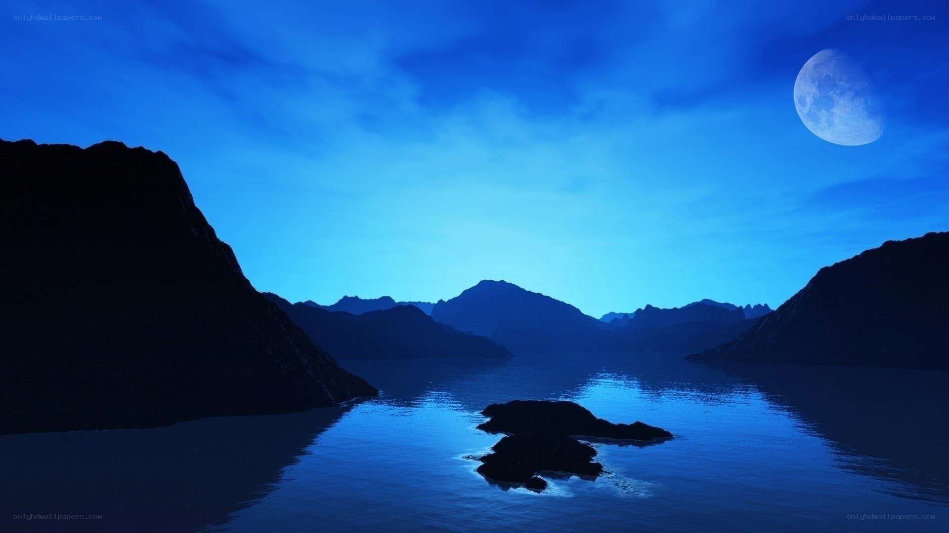 Moonlit lake at night