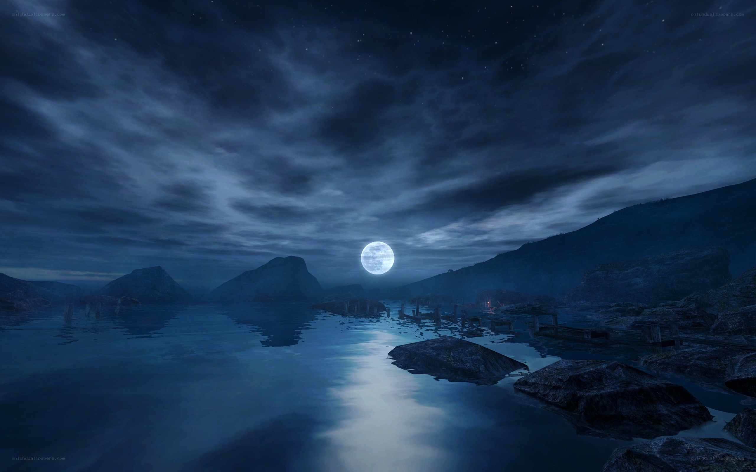 Moonlit lake at night
