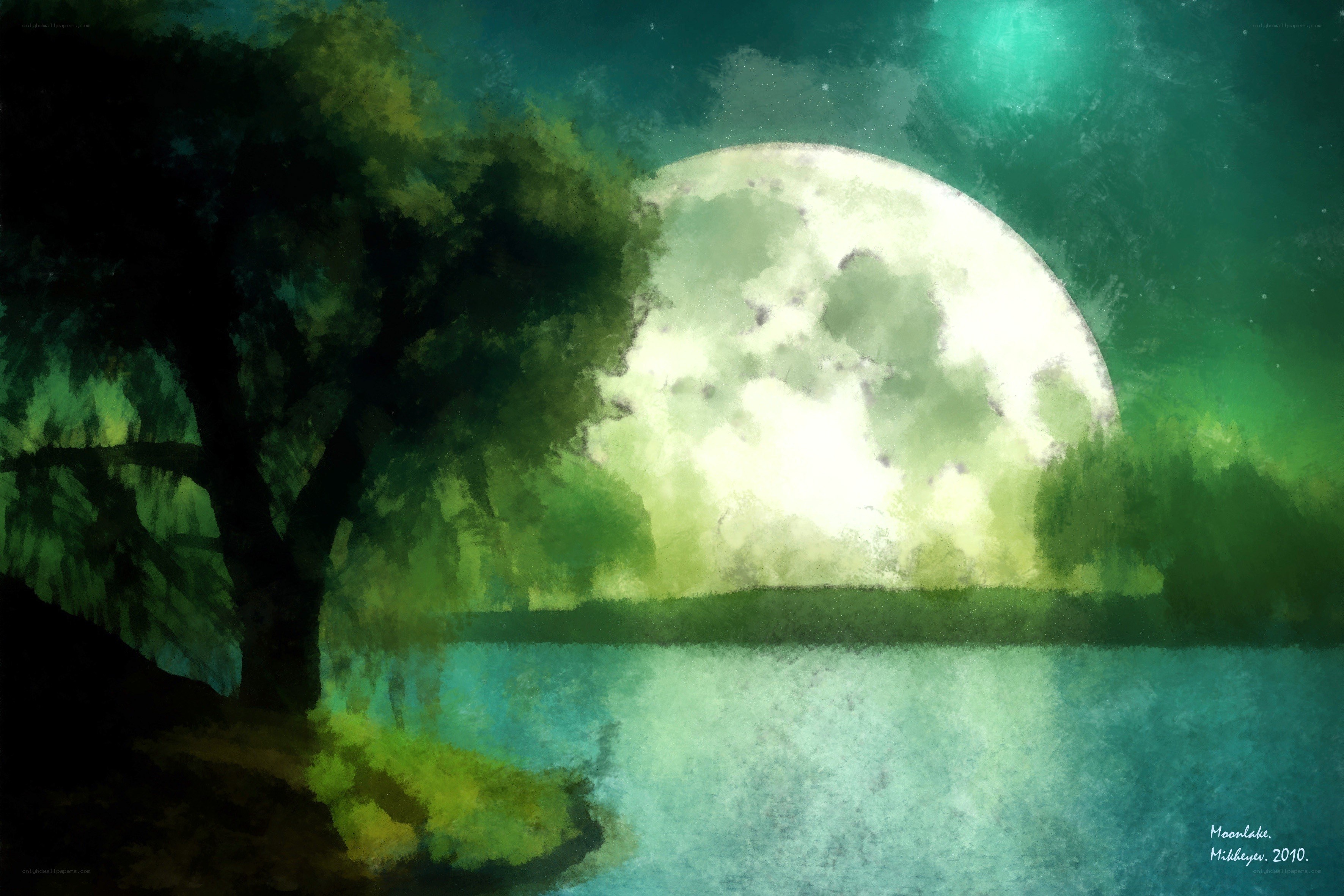 Moonlit lake at night