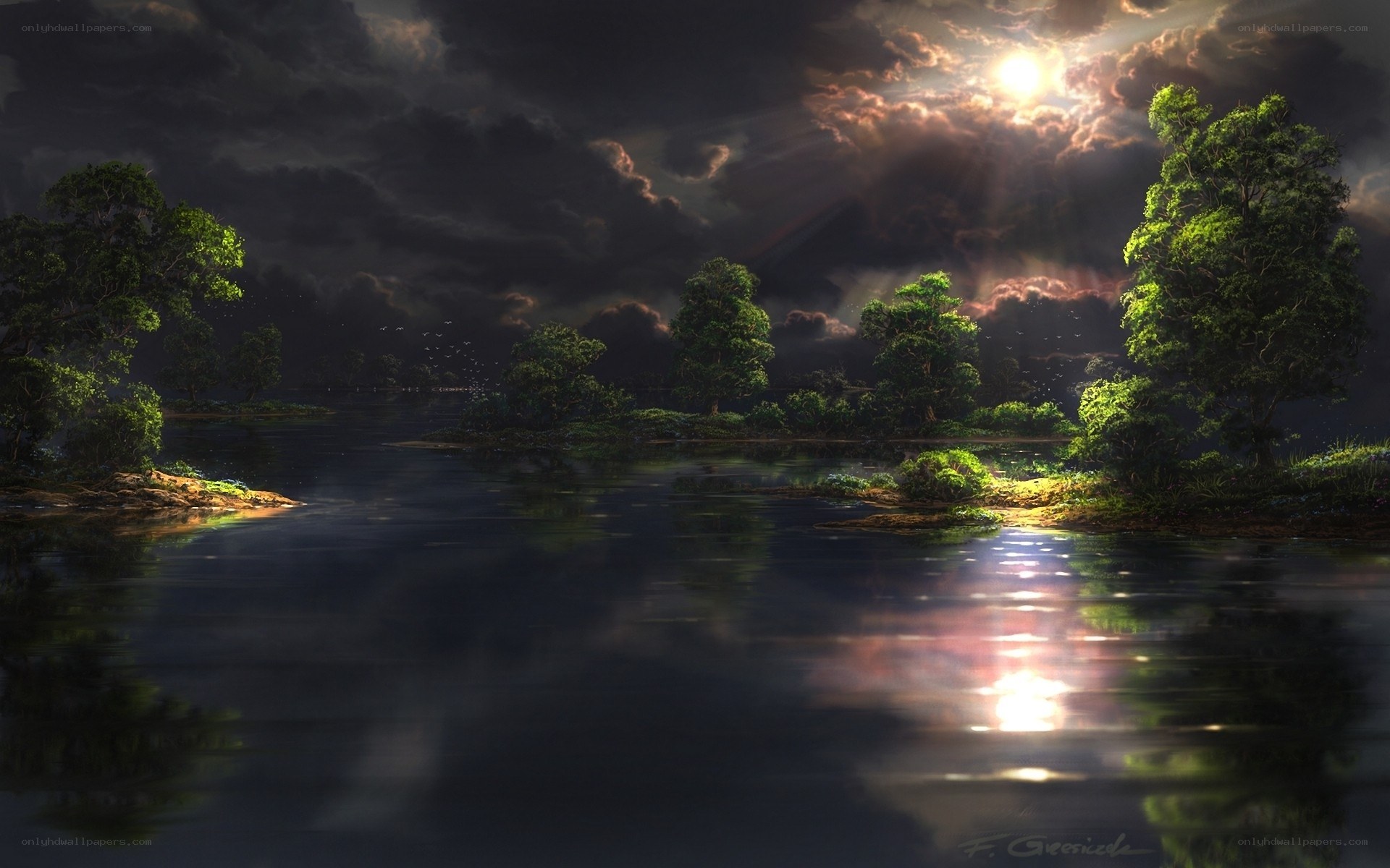 Moonlit lake at night