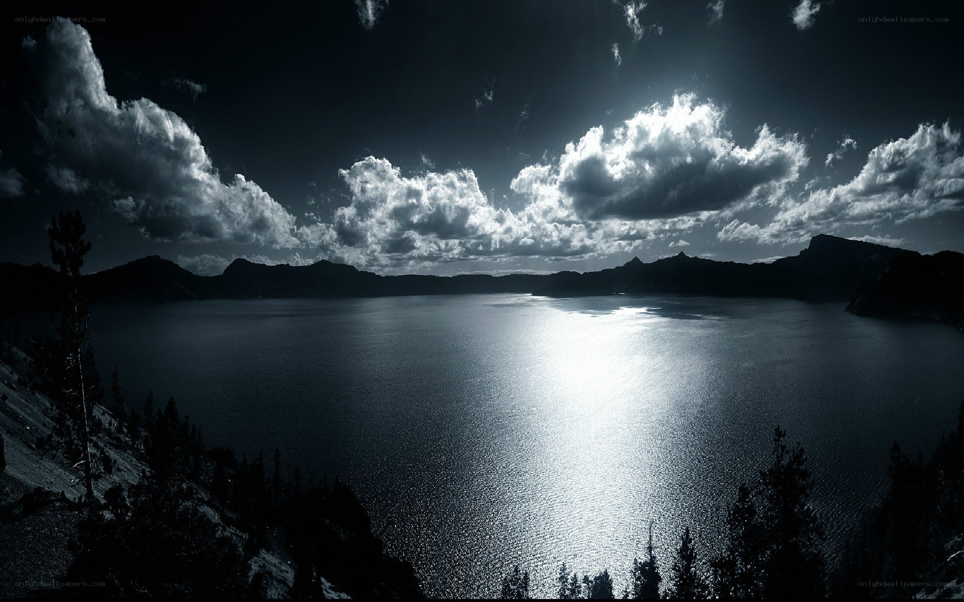Moonlit lake at night