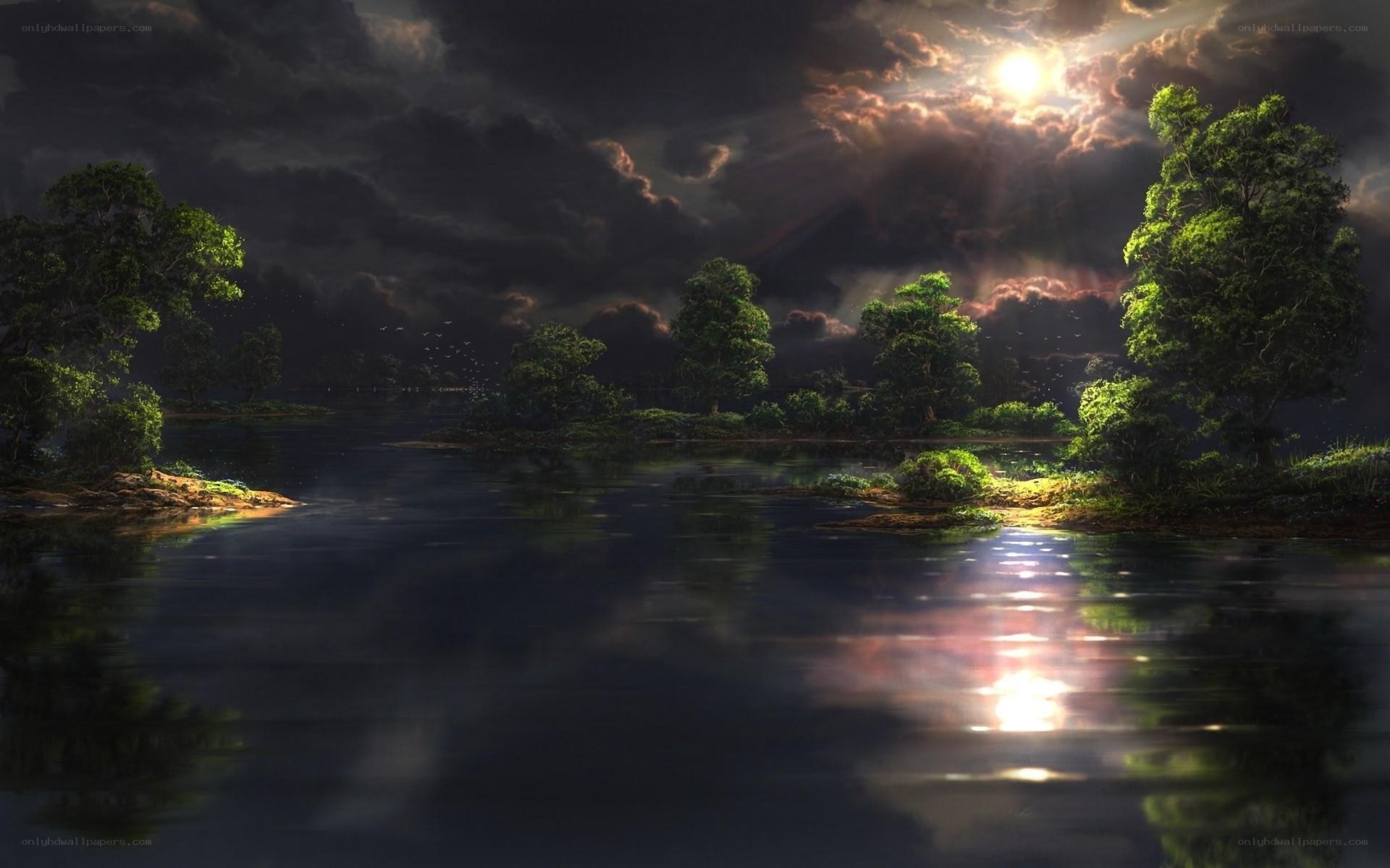 Moonlit lake at night