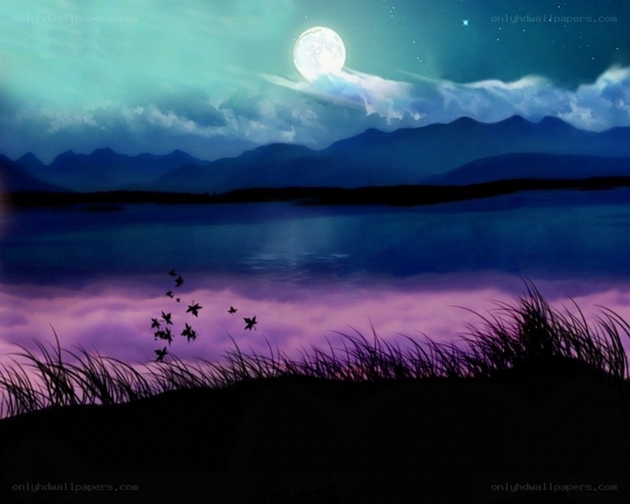 Moonlit lake at night