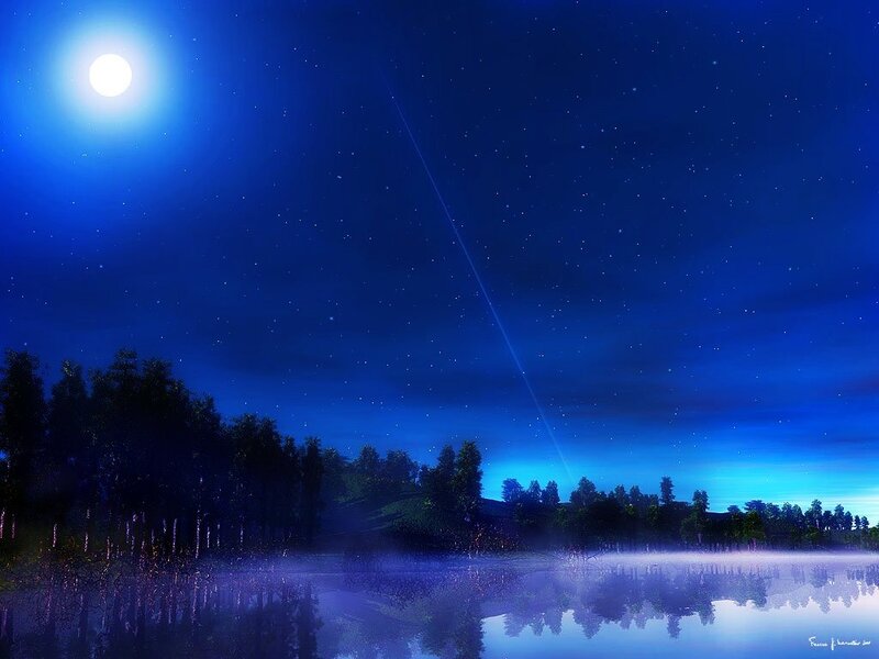 Moonlit lake at night