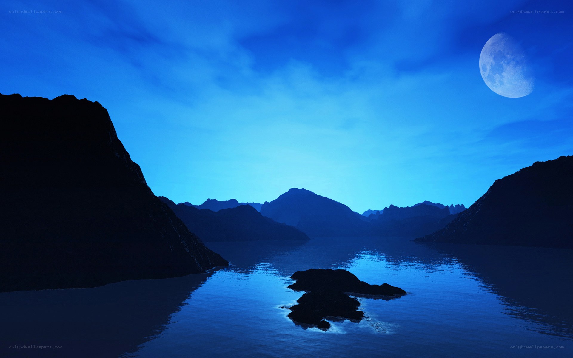 Moonlit lake at night