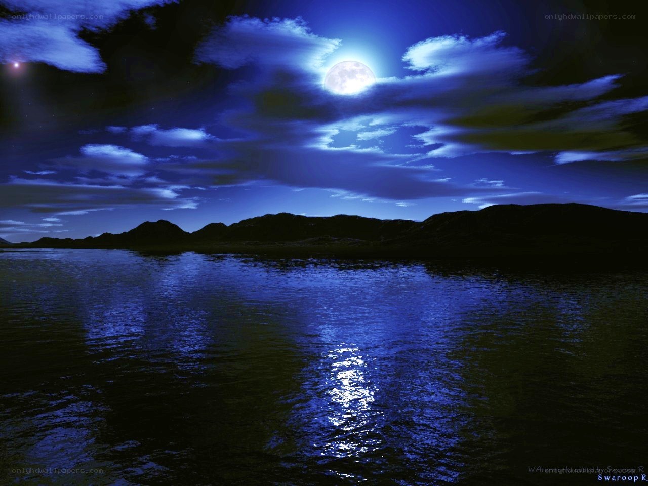 Moonlit lake at night