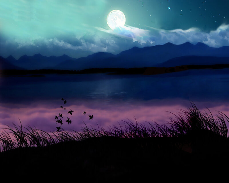 Moonlit lake at night