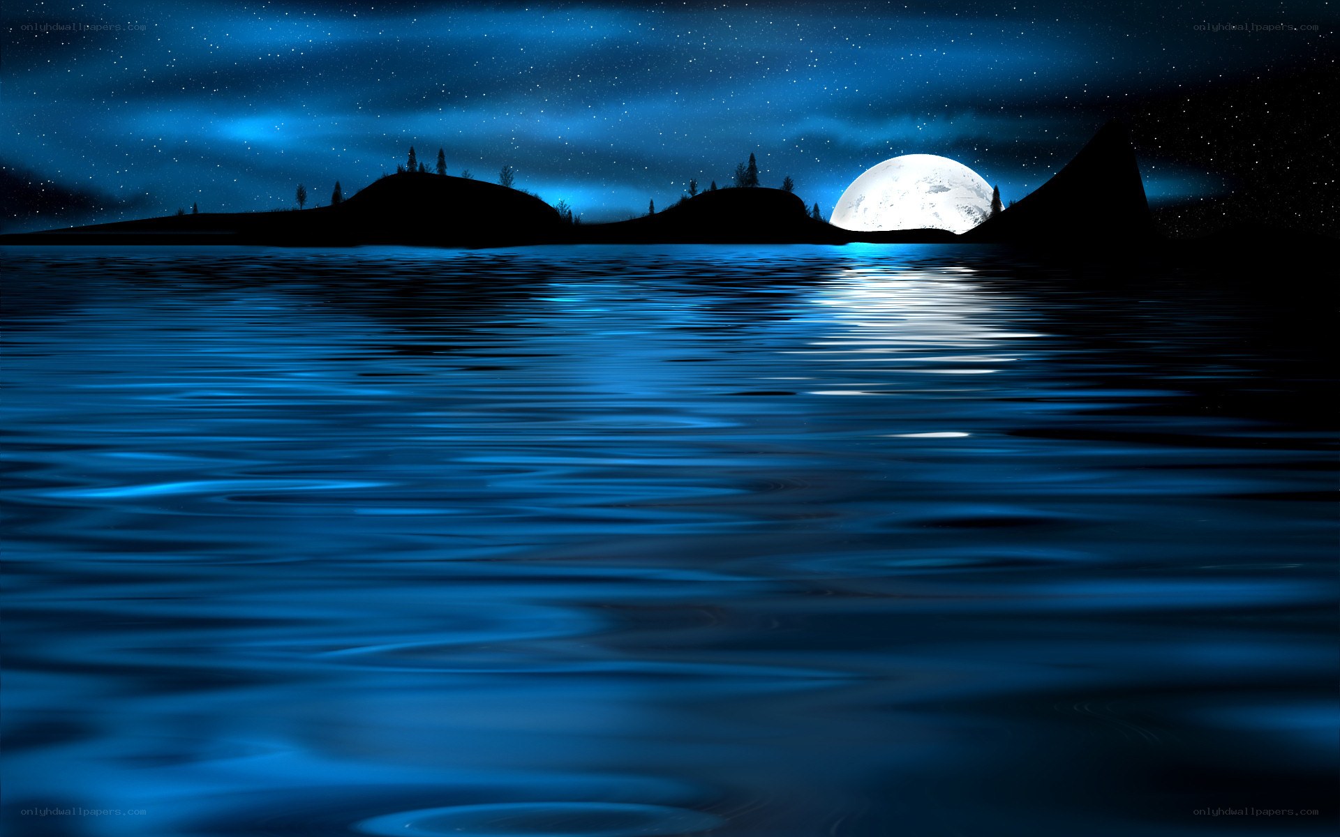 Moonlit lake at night