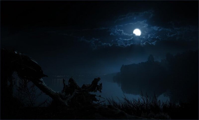Moonlit Lake at Night — Blue, Dark