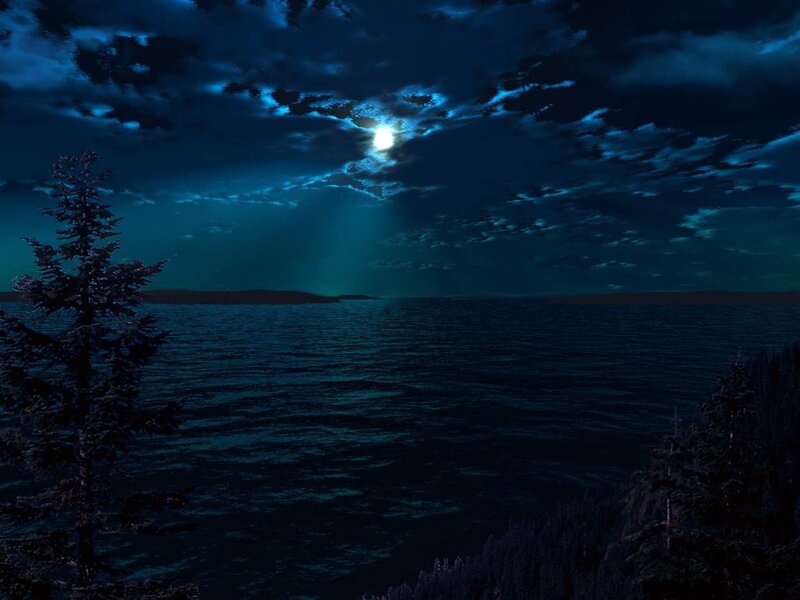 Moonlit Lake at Night — Blue, Dramatic