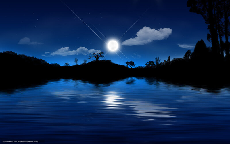 Moonlit Lake at Night — Blue, Serene, Digital Art, Moon, Clouds