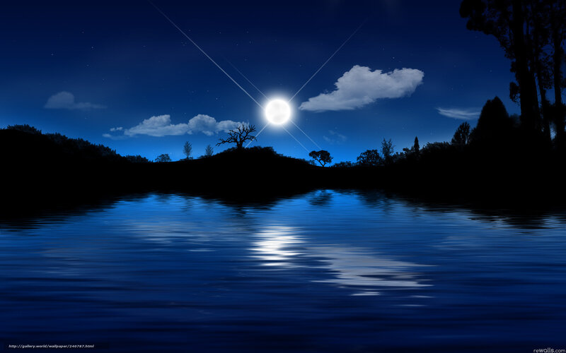 Moonlit Lake at Night — Blue, Serene, Digital Art, Moon