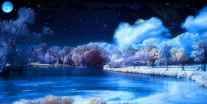 Moonlit Lake at Night — Blue, Serene, Digital Art