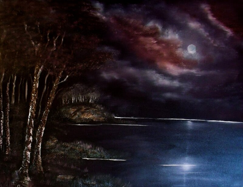 Moonlit Lake at Night — Blue, Serene, Painting