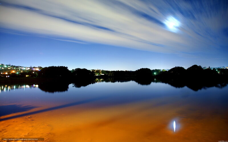 Moonlit Lake at Night — Blue, Serene, Photograph, Clouds