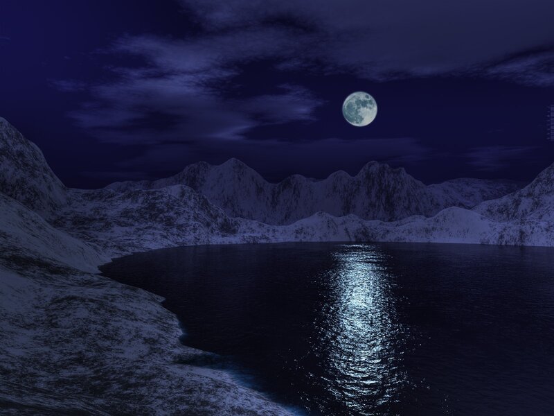 Moonlit lake in snowy mountains