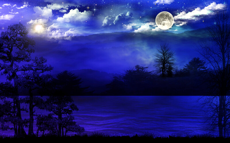 Moonlit Lake Landscape — Blue, Serene, Night