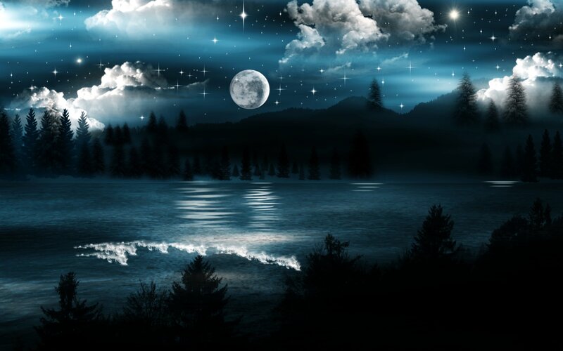 Moonlit Lake Landscape — Blue, Serene