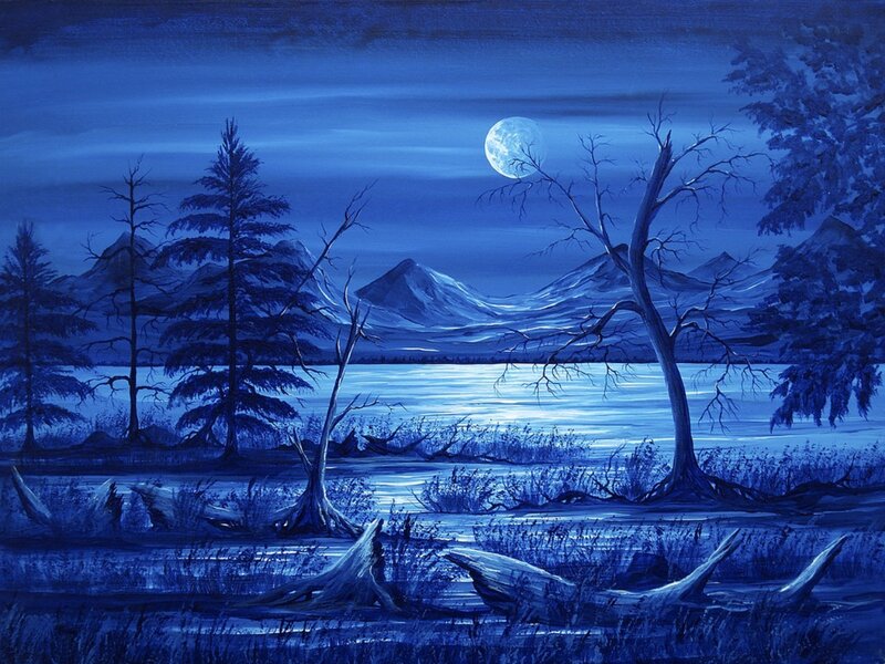 Moonlit Lake Landscape — Blue