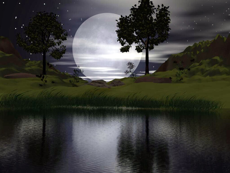 Moonlit Lake Landscape — Green, Serene, Night, 3d Render