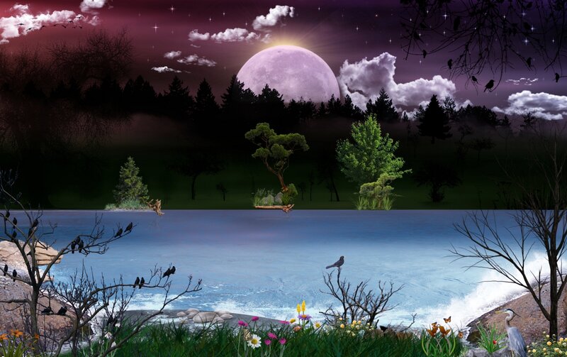 Moonlit Lake Landscape — Purple, Serene