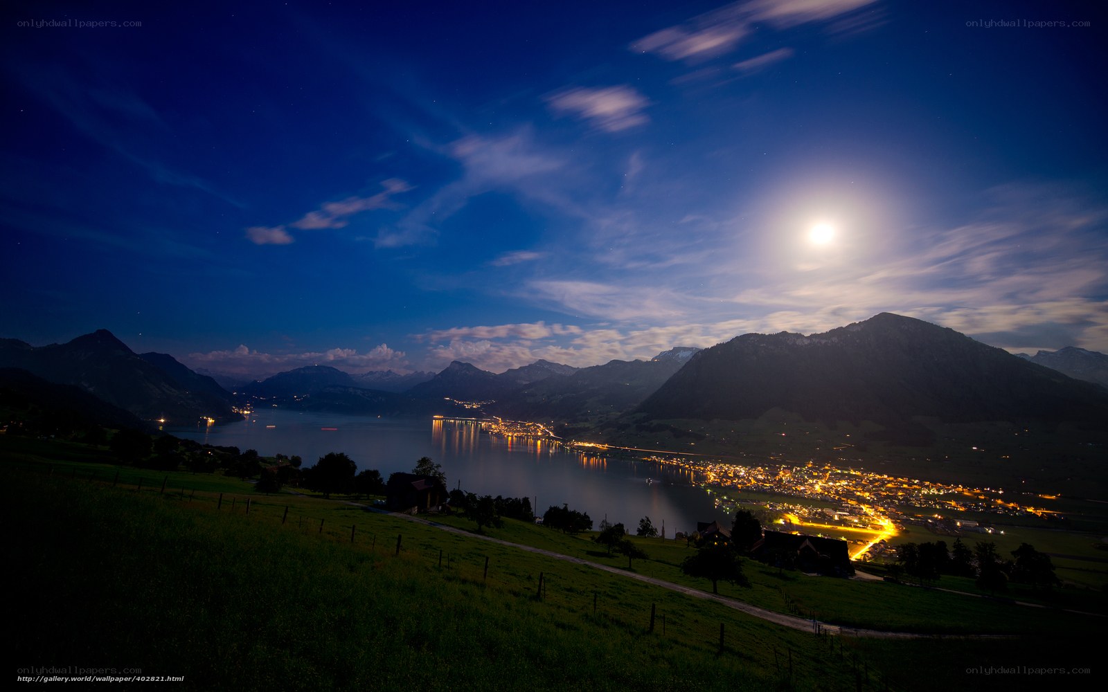 Moonlit lake town at night