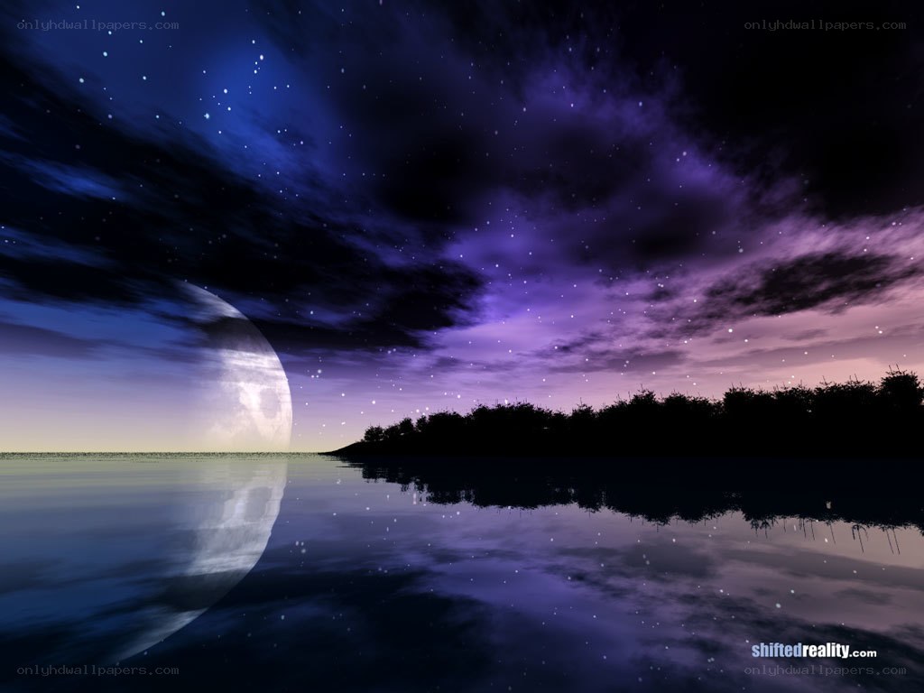 Moonlit lake under starry sky