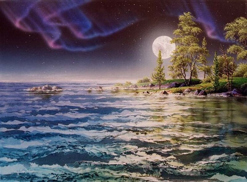 Moonlit Lake with Aurora