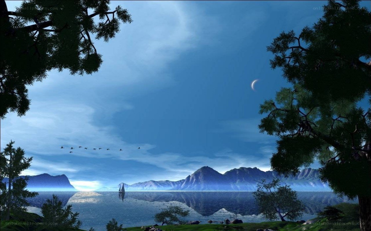 Moonlit lake with mountains